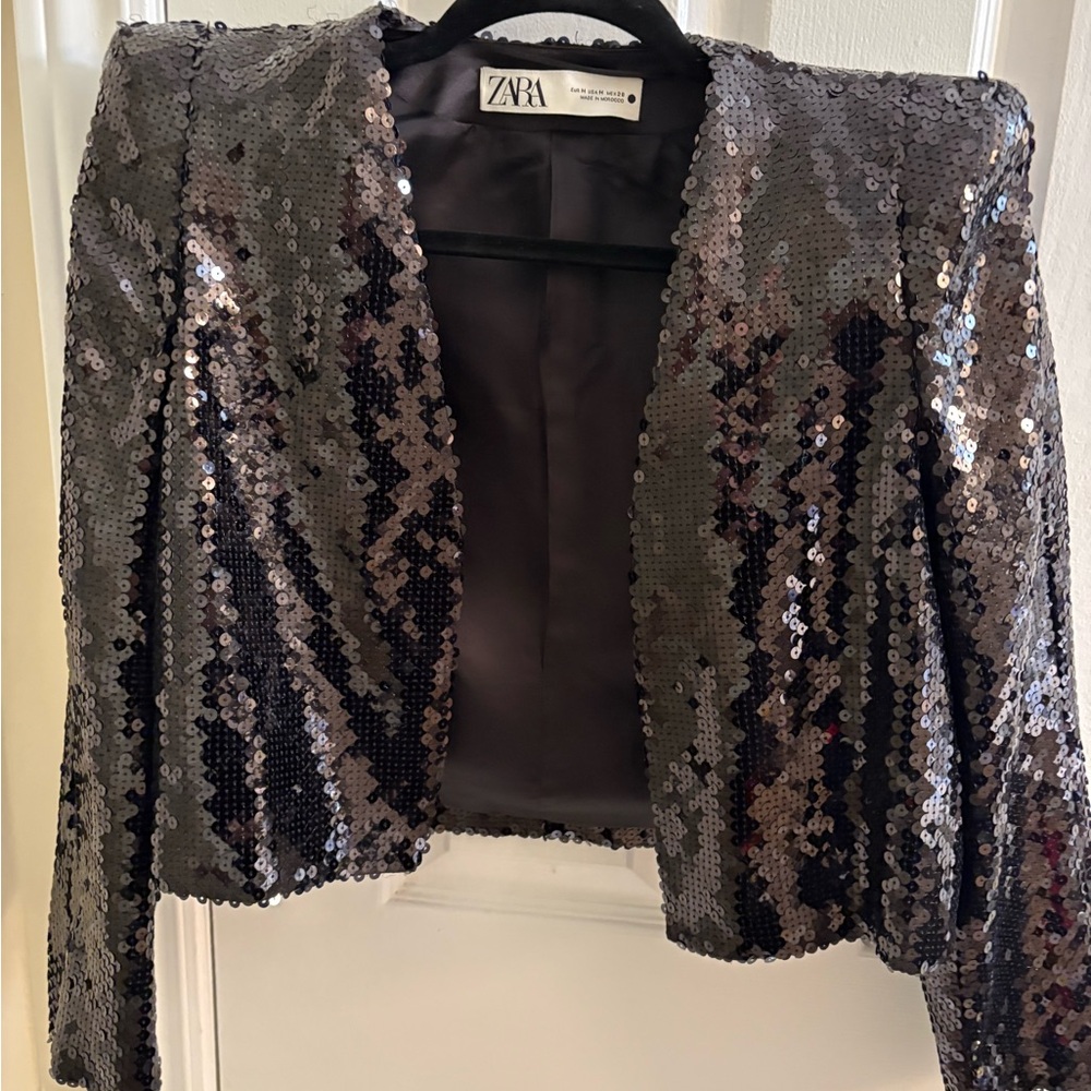 Zara Women's Cropped Sequin Blazer - Black